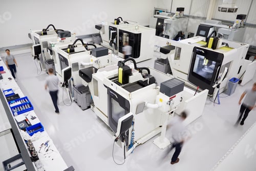 Preview: Overhead View Of Engineering Workshop With Workers Using CNC Machinery