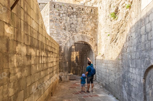 Preview: Tourists walking in medieval fortress in Kotor