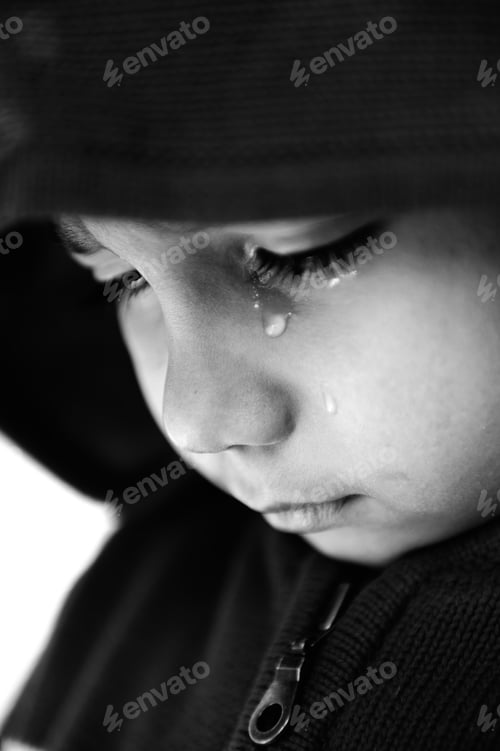 Preview: Kid Crying, Focus On His Tear, Added A Bit Of Grain, Black And White