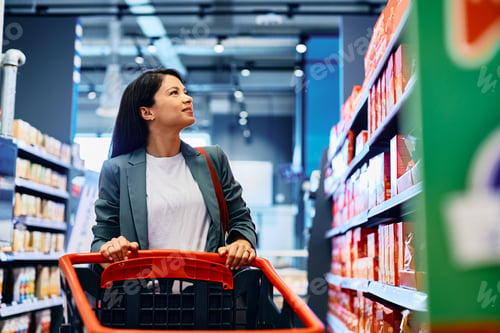 Preview: Mid adult woman with shopping cart buying groceries in supermarket.