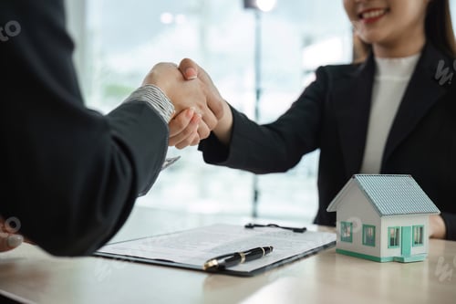 Preview: Real Estate Agent Shaking Hands with Client Over House Purchase Agreement in Modern Office Setting