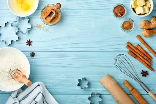 Preview: Baking background with ingredients for making gingerbread flour, eggs, kitchen tools, utensils and c