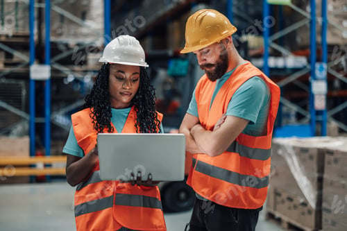 Preview: Two multiracial workers concentrating on a laptop in a storage facility
