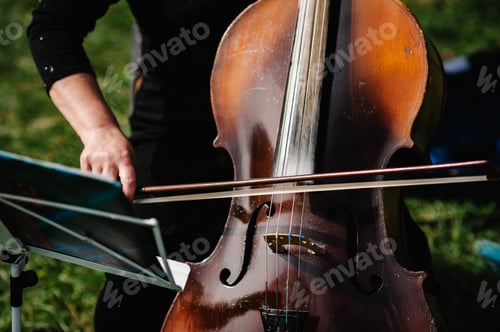 Preview: Cellist player hands. Violoncellist playing cello on background of field. Musical art, concept