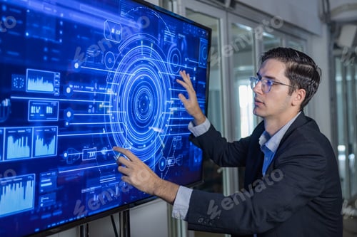 Visualização: Man Operating Futuristic Data Interface on Touchscreen