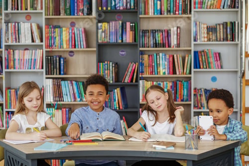 Preview: Multi-ethnic pupils study and write at table in library or classroom. Back to school.