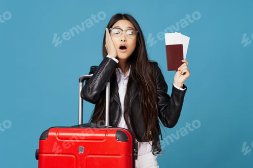 Preview: Surprised traveler with a passport and a suitcase