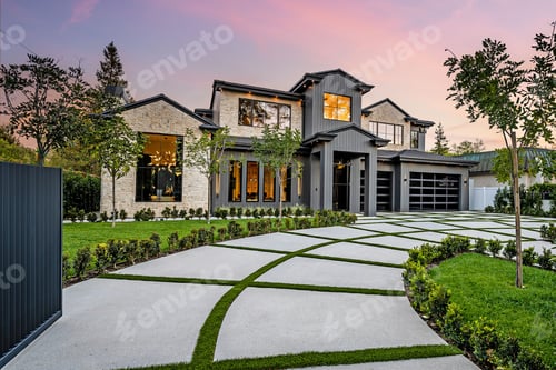 Preview: Modern luxury home with geometric driveway and sunset sky.