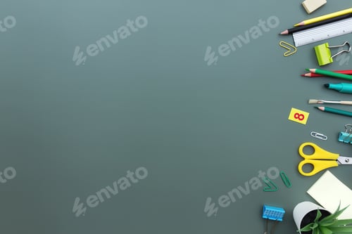 Preview: Back to school conceptual flat lay with different office supply objects