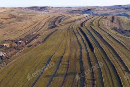 Preview: Above aerial view over agricultural fields in the autumn