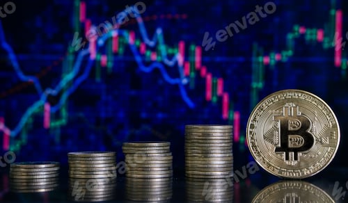 Preview: BTC Cryptocurrency Coins.Golden bitcoins with Candle stick graph chart and digital background.