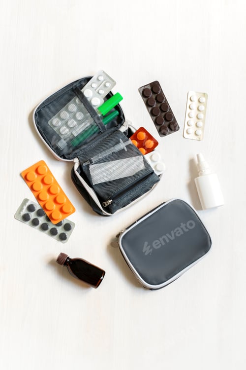 Preview: Daily medicine chest, container of pills, tablets, vitamins, travel first aid kit. pill box dispense