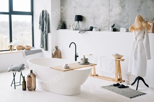 Preview: White modern bath in contemporary apartment with stylish loft style interior design, home decor.