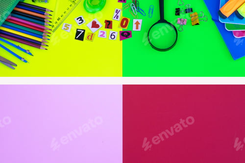 Preview: Group of items for back to school on colorful background, pencils, notebooks, scissors, magnifying