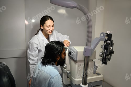 Preview: Ophthalmologist using special medical device with high precision for examination eye of patient.