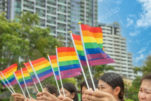 Preview: Diversity people hands raising colorful lgbtq rainbow flags together