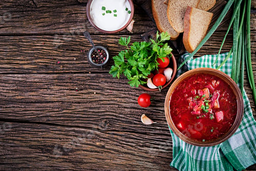 Preview: Traditional Ukrainian Russian borscht or red soup in the bowl. Top view