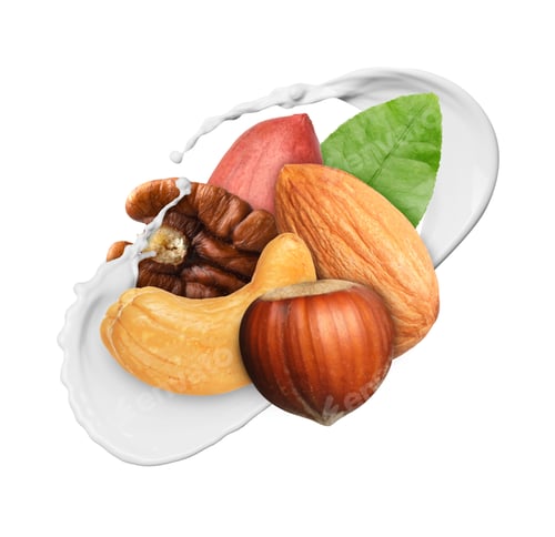 Preview: Milk splash with different nuts in air on white background