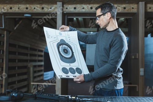 Preview: side view of shooter looking at used target after shooting in gallery