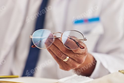 Preview: Professional, man and hands with glasses for vision or prescription lens for eyesight. Closeup, eye