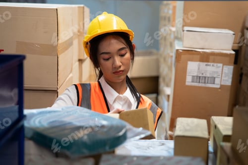 Preview: woman wearing visible vest hold clipboard in warehouse check and arrange box in the steel shelf