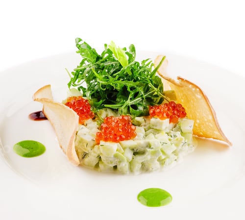 Preview: cucumber and red caviar tartare with arugula