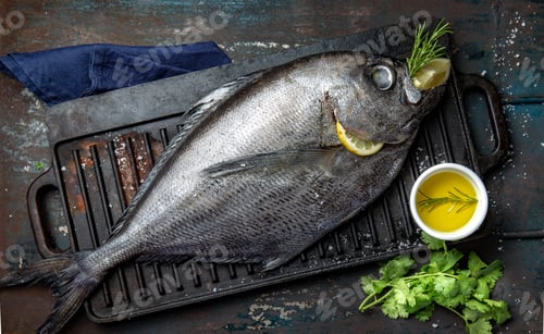 Preview: Raw dorado fish with spices cooking on grill board Top view .