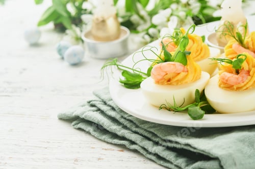 Preview: Stuffed or deviled eggs yolk, shrimp, pea microgreens with paprika for easter table decorate fresh c