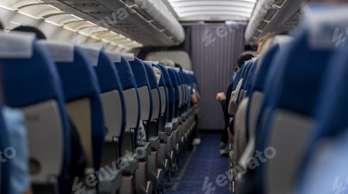 Preview: Passenger seat. Interior of airplane with passengers sitting on seats.