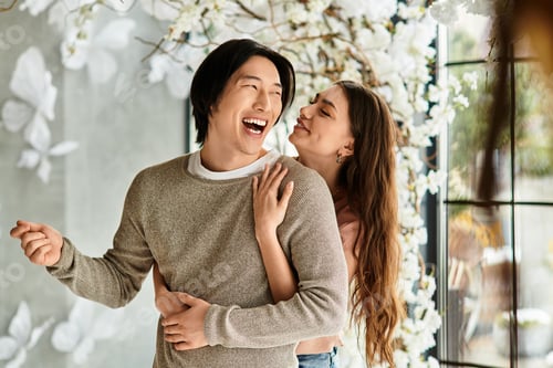 Preview: Couple joyfully preparing for their wedding amidst blooming flowers and vibrant smiles