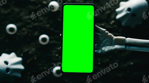Preview: Skeleton Hand With Smartphone And Halloween Eyeballs