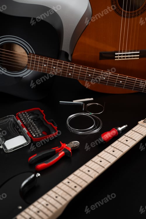 Preview: Guitar Maintenance and Accessories. Acoustic and electric guitars with strings, pliers.