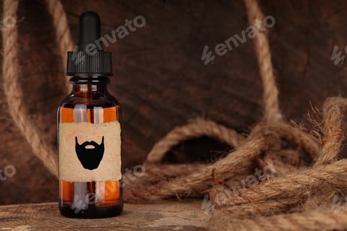 Preview: Beard oil on wooden background, cosmetic composition.