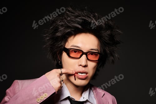 Preview: Stylish asian man showcasing spring fashion in a contemporary studio environment