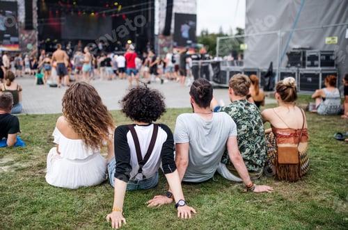 Preview: Rear view of group of young friends at summer festival, sitting on ground