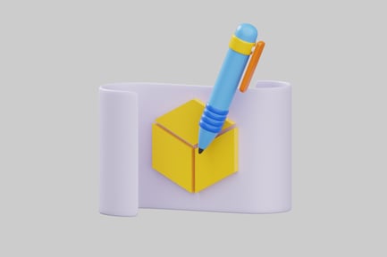 A stylized pen and cube on a scroll