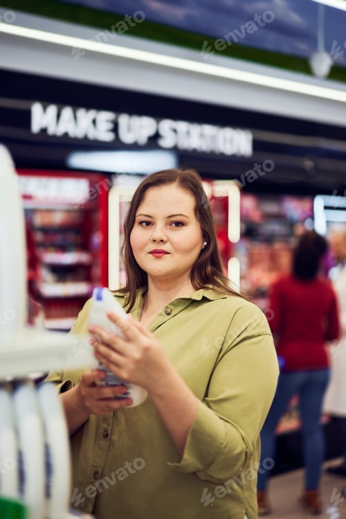 Preview: Portrait of an overweight pretty woman holding a shower gel and shopping in a store.