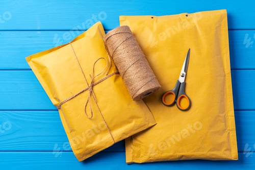 Preview: Lot of yellow paper postal envelopes. Top view.