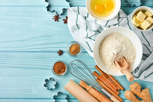 Preview: Baking background with ingredients for making gingerbread flour, eggs, kitchen tools, utensils and c