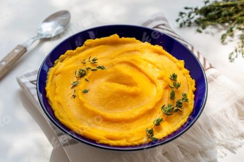 Preview: Autumn pumpkin puree in bowl. Autumnal pumpkin cream soup with thyme on white table
