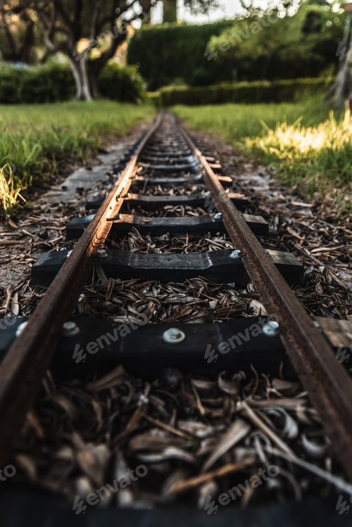 Preview: Detail of the old sleepers that hold the rails of a small train track.