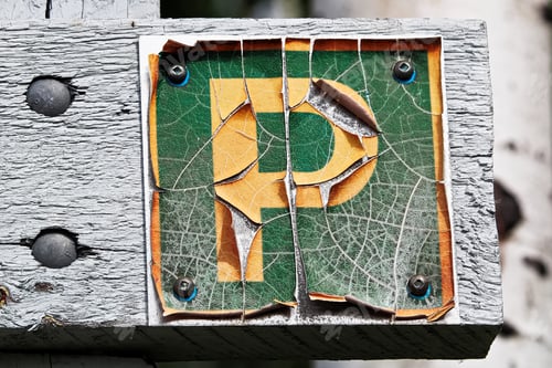 Preview: A faded peeling parking sign on wood