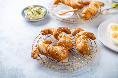 Preview: Easter brunch with bread bunny bun, egg spread and hard boiled eggs