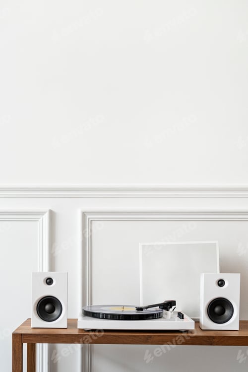 Preview: White minimal vinyl record player with speakers