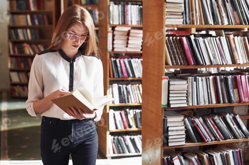 Preview: Young attractive student librarian reading a book between library bookshelves