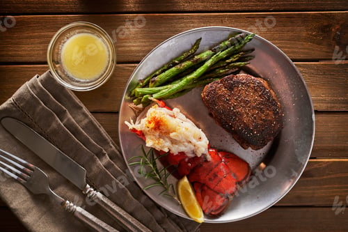 Preview: top down overhead view of steak and lobster dinner