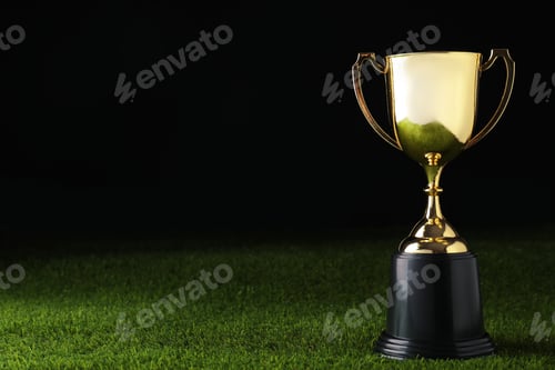 Preview: Golden trophy cup on green grass against black background. Space for text