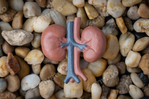 Preview: A kidney model placed on small stones.