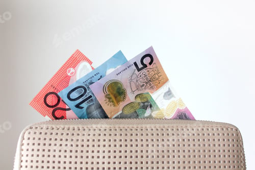 Preview: Australian dollar bills sticking out of a ladies purse or wallet, spending money, cash, AUD