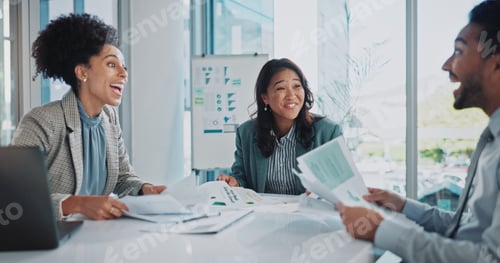 Preview: Business people, meeting and excited for data analytics, statistics or results in SEO collaboration